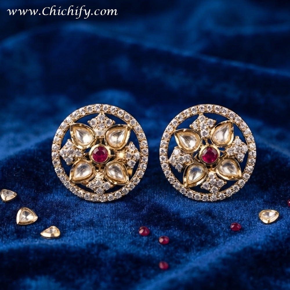 Rajwadha Ruby Kundan Floral Stud Earrings