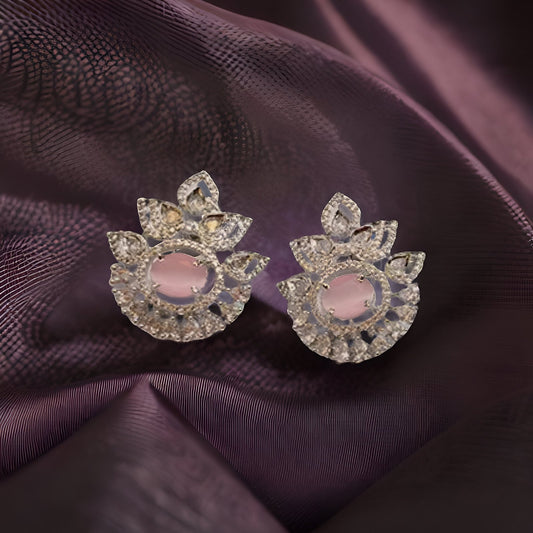 AD Silver Pink Crystal Crown Earring