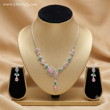 Designer Floral Pink Crystal Necklace Set