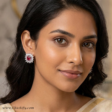 Chichify Ruby Radiance Floral Stud Earrings