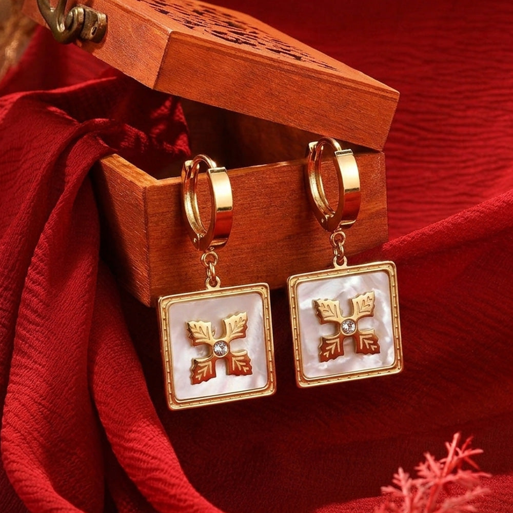 Elegant Mother-of-Pearl Square Logo Hoop Earrings – Inspired Designer Style