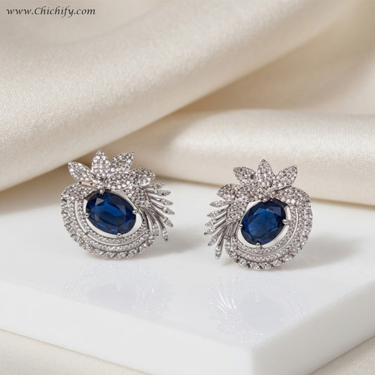 AD Cubic Zirconia Sapphire Blue Stone Stylish Silver Earring