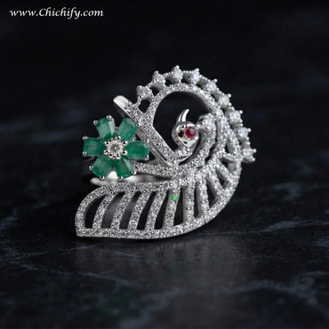 Emerald Blossom Peacock Statement Ring