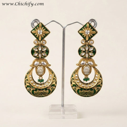 Emerald Green Meenakari Kundan Chandbali Earrings