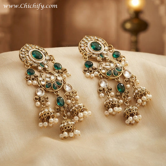 Rajwadha Emerald Pearl Jhumka Statement Earrings (Green)