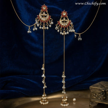 Rajwadha Ruby Pearl Long Chain Tassel Earrings