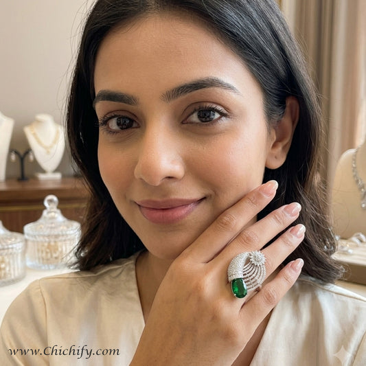 AD Zircona Green Adjustable Cocktail Ring for Women And Girls