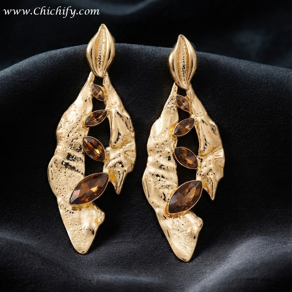 Gold Plated Amber Leaf Statement Earrings