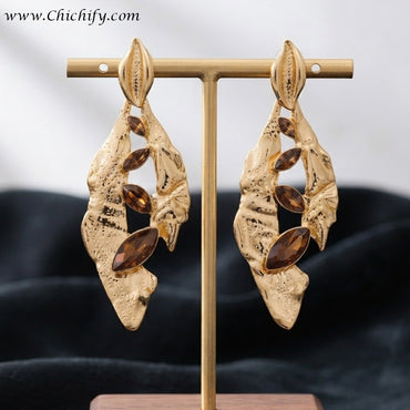 Gold Plated Amber Leaf Statement Earrings