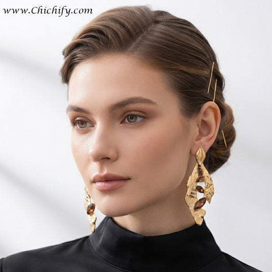 Gold Plated Amber Leaf Statement Earrings