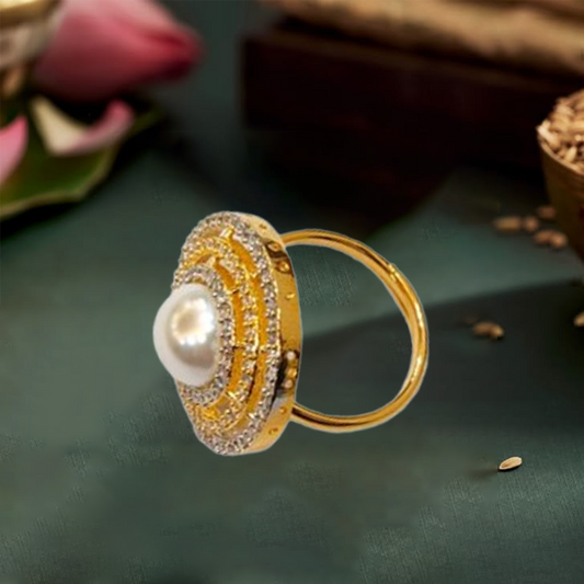 Chichify AD Round Golden Pearl Adjustable Ring