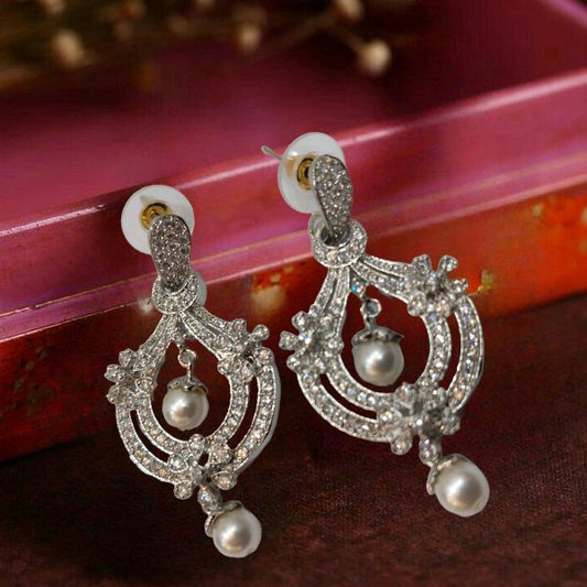 Silver Drop Pearl American Diamond White Earring