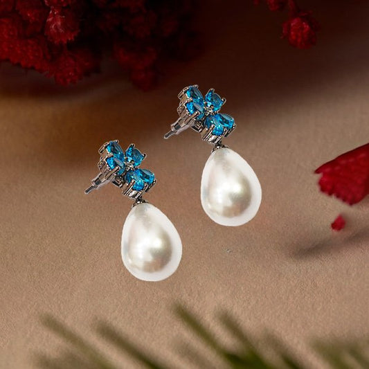 Pearl Drop CZ American Diamond Blue Flower