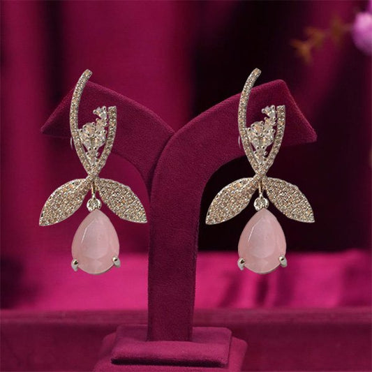 Trendy Pink Drop AD Leaf Stylish Earrings