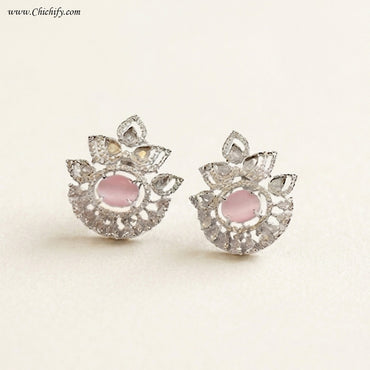 AD Silver Pink Crystal Crown Earring