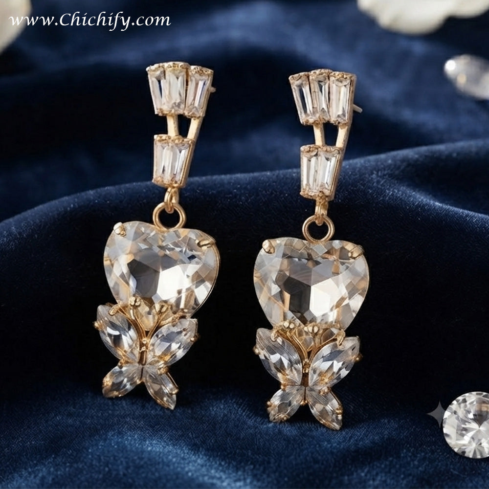 Golden Heart Crystal Drop Earrings