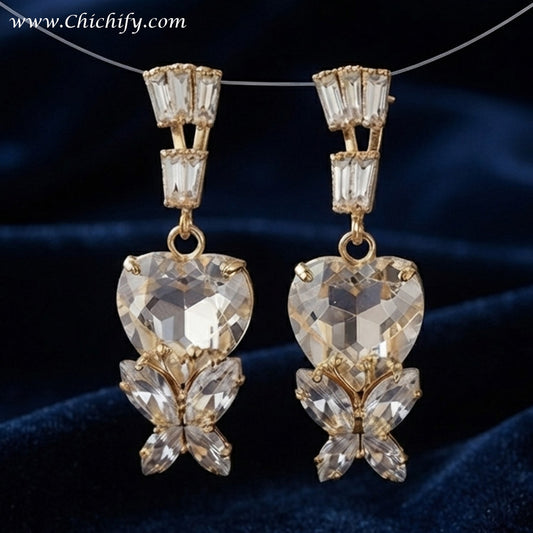 Golden Heart Crystal Drop Earrings