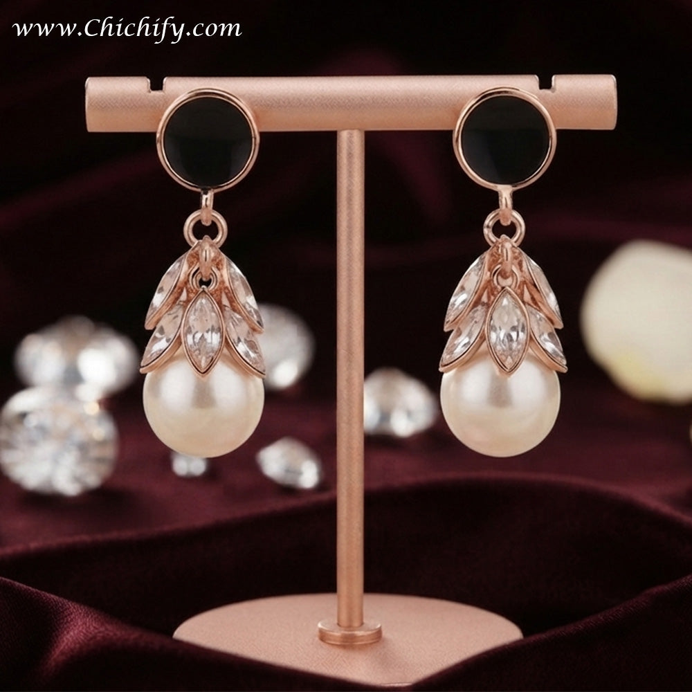 Noir Pearl Leaf Drop Earrings