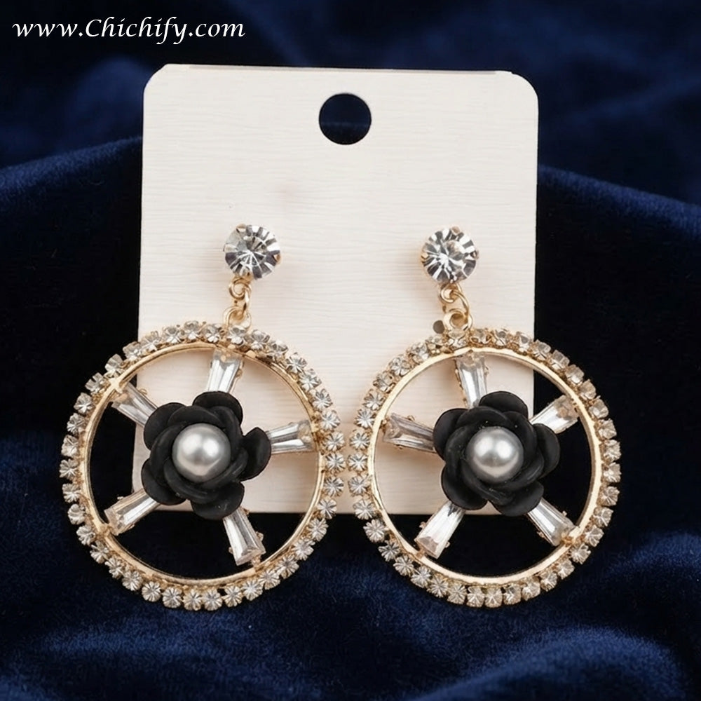 Midnight Bloom Crystal Halo Drop Earrings