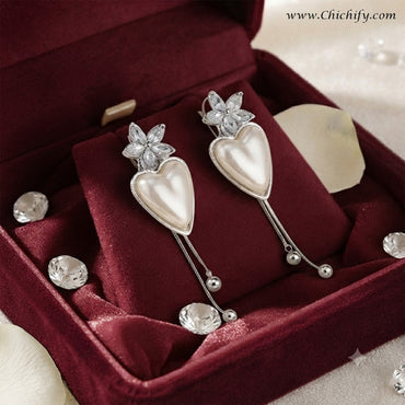 Celeste Heart Pearl Tassel Earrings (Silver)
