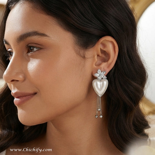 Celeste Heart Pearl Tassel Earrings (Silver)