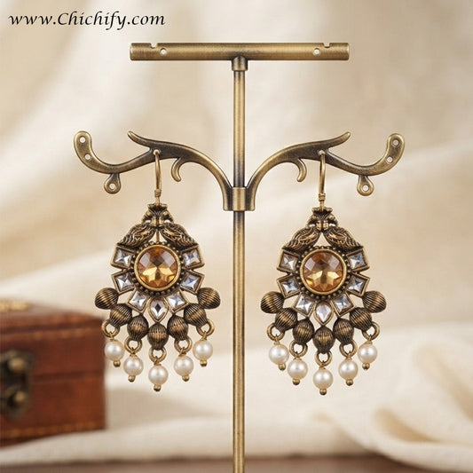 Antique Amber Kundan Pearl Drop Earrings