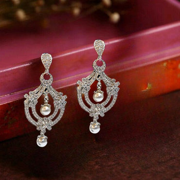 Silver Drop Pearl American Diamond White Earring