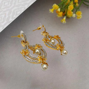 Golden Drop Pearl American Diamond Earring