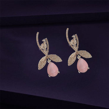 Trendy Pink Drop AD Leaf Stylish Earrings