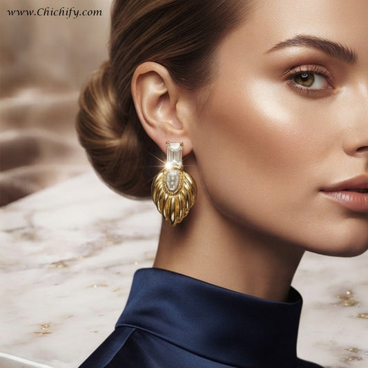Regal Leaf Crystal Stud Earrings – Gold-Plated Statement Earrings for Women