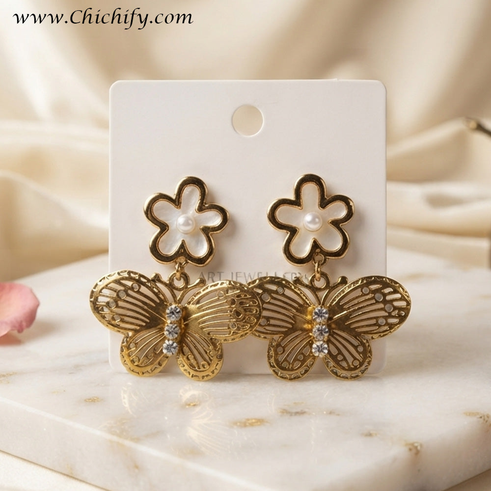 Golden Flutter Bloom Drop Earrings – Gold-Plated Butterfly & Floral Earrings for Women