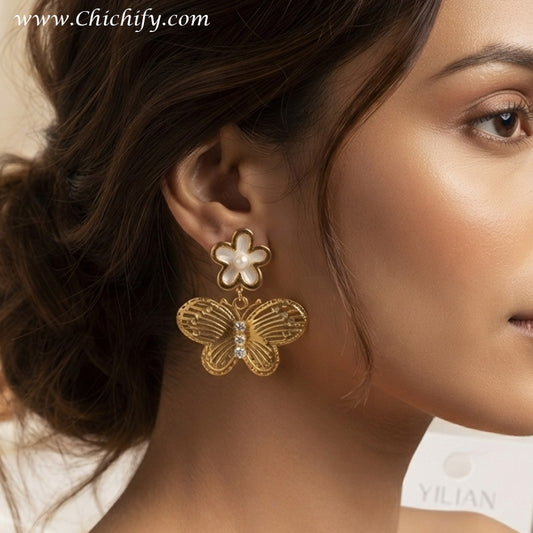 Golden Flutter Bloom Drop Earrings – Gold-Plated Butterfly & Floral Earrings for Women