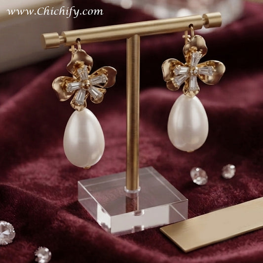 Golden Blossom Pearl Drop Earrings – Gold-Plated Floral CZ Earrings for Women