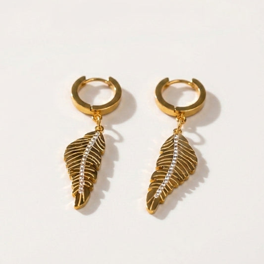 Steel Leaf Earrings with Stones 18 carat gold polish