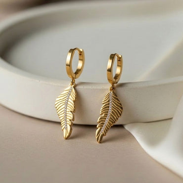 Steel Leaf Earrings with Stones 18 carat gold polish