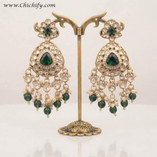 Emerald Green Kundan Pearl Dangler Earrings