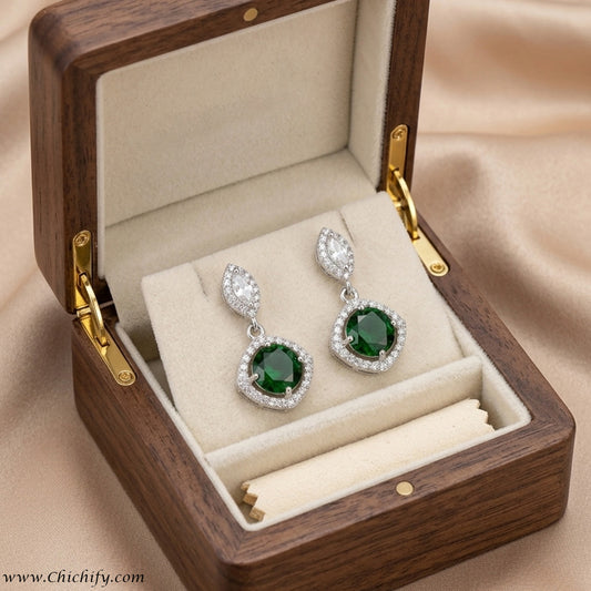 Chichify Emerald Luxe Halo Drop Earrings for Women Party Wear Earrings