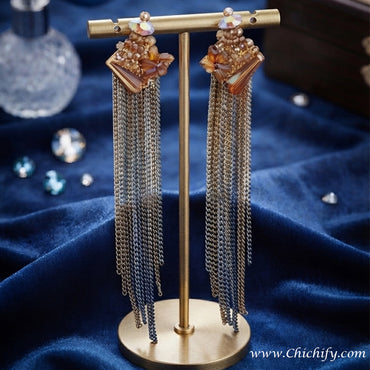 Amber Crystal Tassel Drop Earrings – Long Chain Statement Earrings for Women