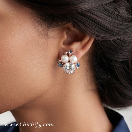 Celeste Pearl & Sapphire Stud Earrings – Rose Gold Crystal Earrings for Women