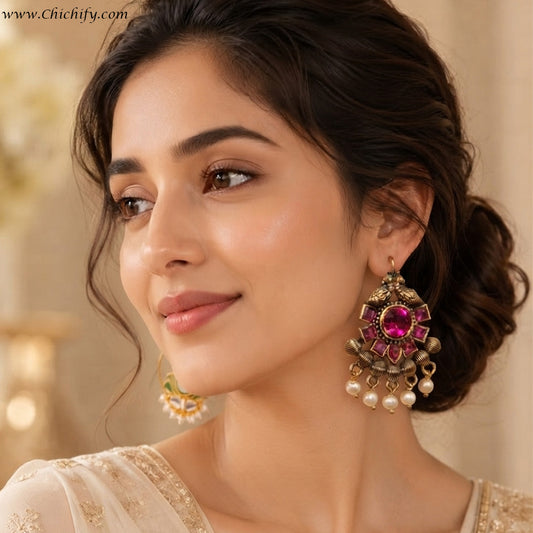 Ruby Mayura Pearl Chandbali Earrings