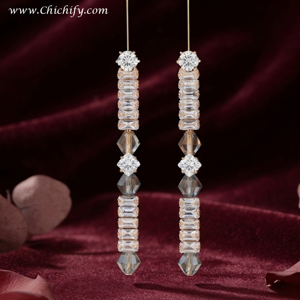 Rose Gold Crystal Bar Drop Earrings – Elegant CZ Statement Earrings for Women