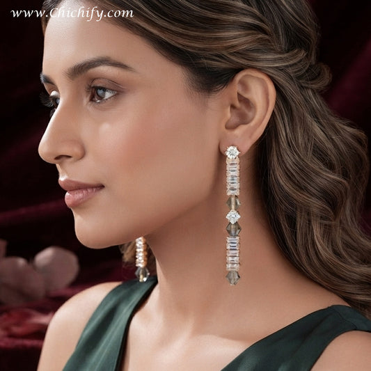 Rose Gold Crystal Bar Drop Earrings – Elegant CZ Statement Earrings for Women