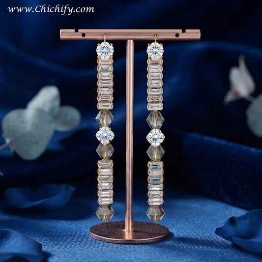 Aurora Crystal Bar Drop Earrings – Gold-Plated CZ Statement Earrings for Women