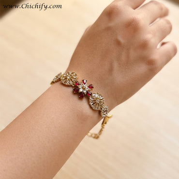 Ruby Red Floral Bloom American Diamond Bracelet