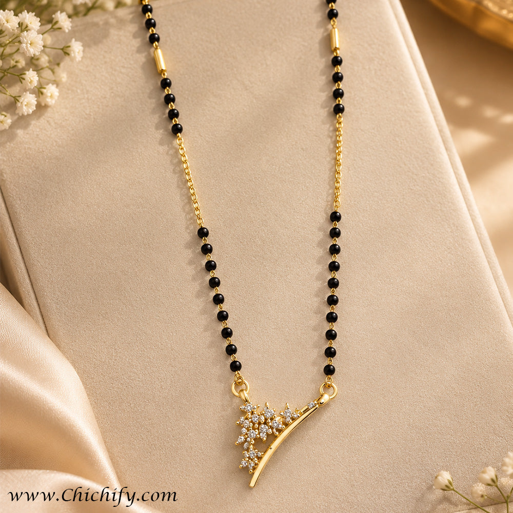 Elegant Floral AD Mangalsutra with Black Beads