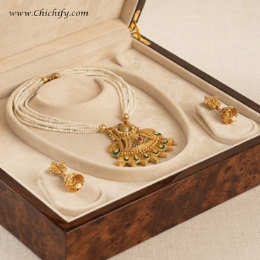Chichify Traditional Pearl Temple Necklace Set with Jhumka Earrings