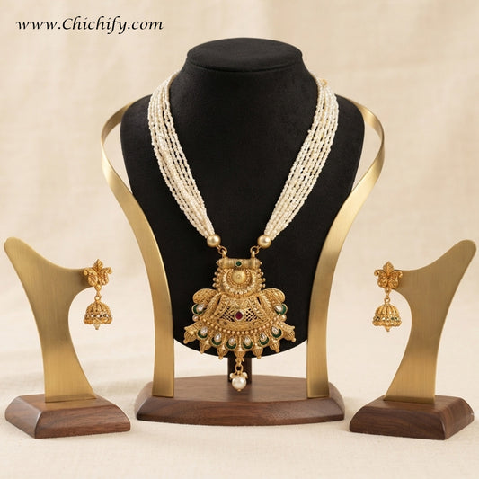 Chichify Traditional Pearl Temple Necklace Set with Jhumka Earrings