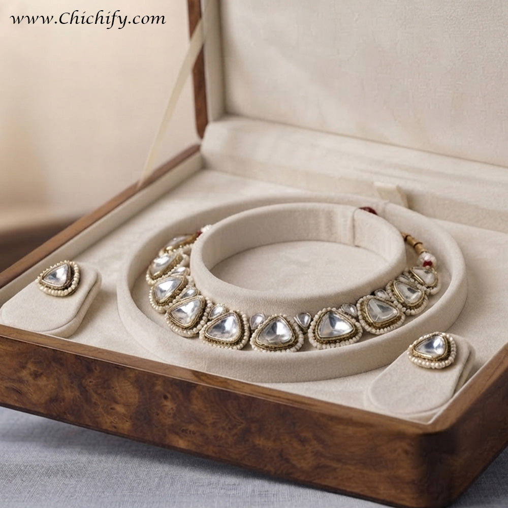 Elegant Kundan Triangle-Cut Necklace Set with Matching Earrings