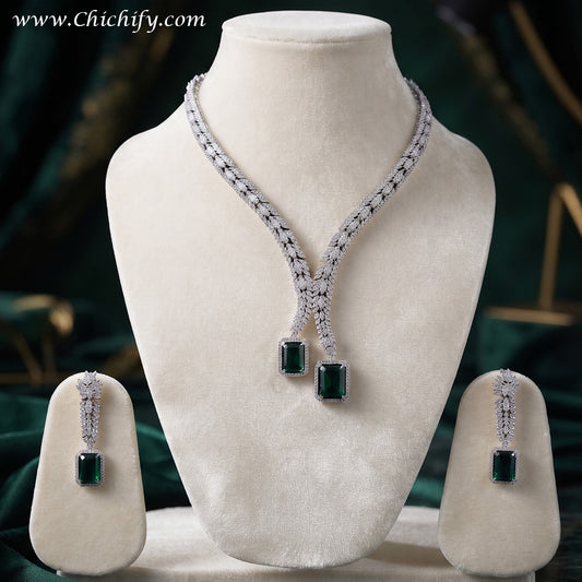 Emerald Green AD Leaf Cascade Necklace & Earring Set