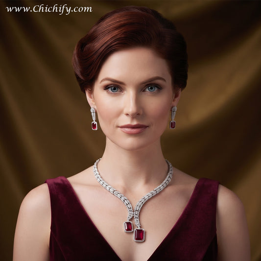 Ruby Red American Diamond Leaf Necklace Set